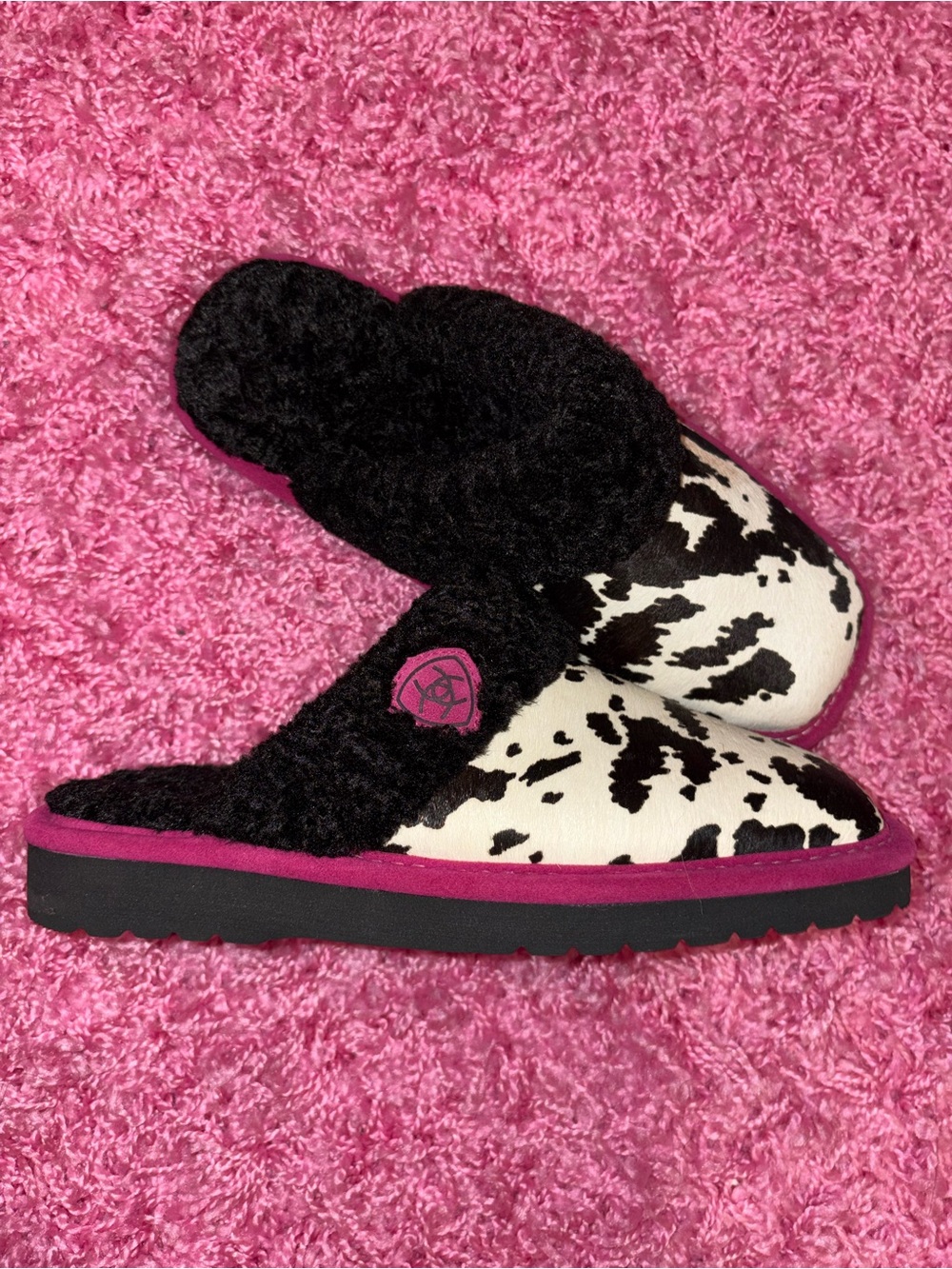 Ariat Black & White Cow Print Slip-On Slippers with Pink Trim